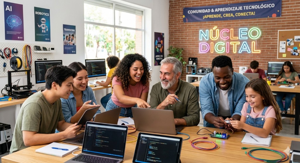 Comunidad aprendiendo tecnología en un espacio Núcleo Digital: laptops, electrónica y trabajo en equipo