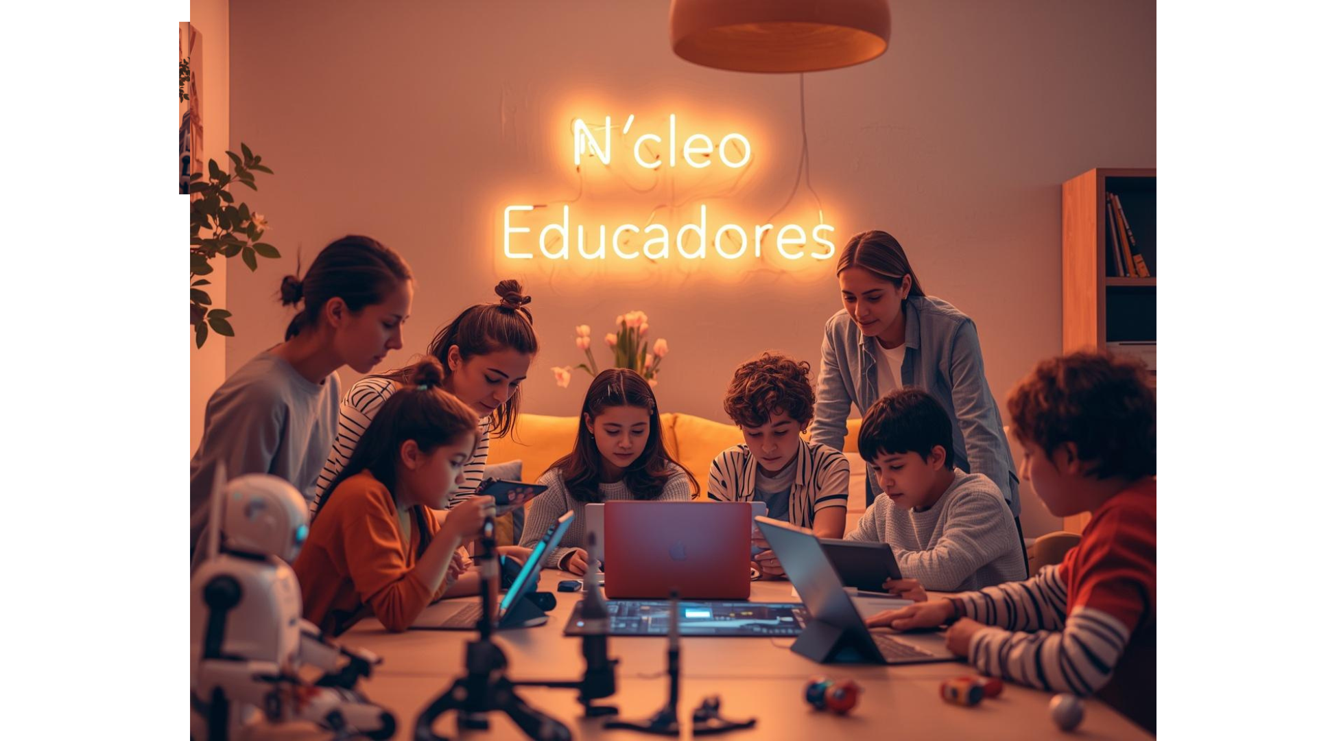 Docente usando inteligencia artificial en el aula con sus estudiantes