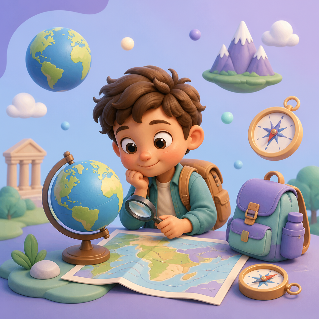 Niño explorando con globo y mapa de Historia