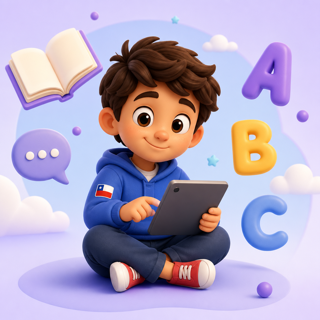 Niña leyendo en tablet con libros e íconos de Lenguaje
