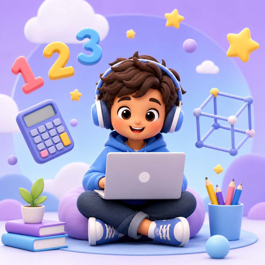 Niño con computador y números de Matemática